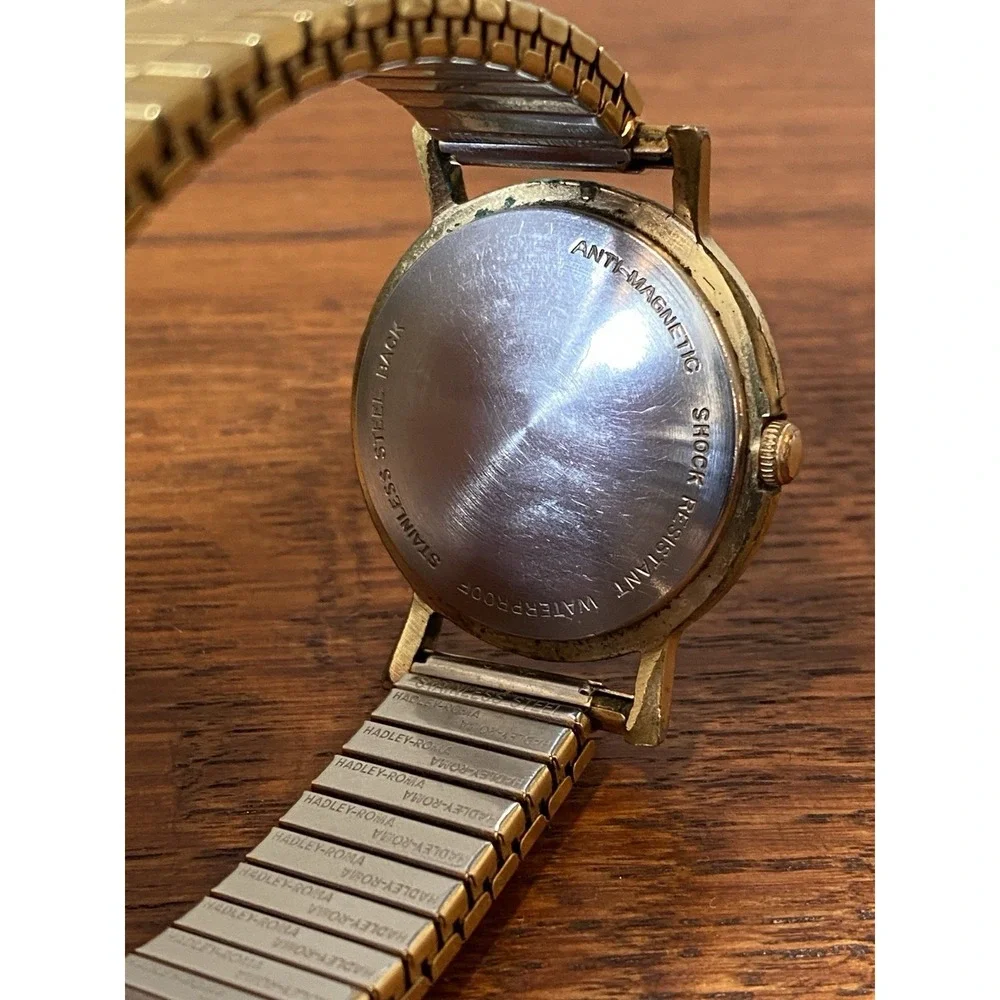 Montreux Men's Gold Tone Hadley Roma Stretch Wrist Watch 7 Jewels Manual WORKS!